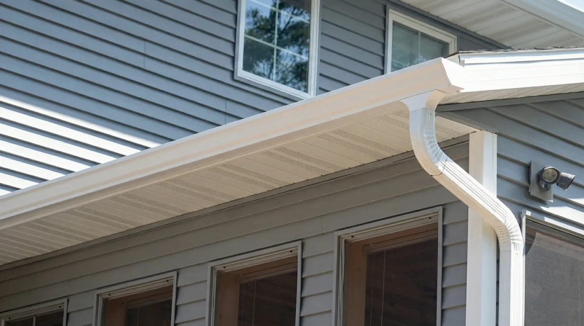 Professional home remodeling project showing newly installed white seamless gutters and downspouts on a house with gray siding in Tallahassee, FL
