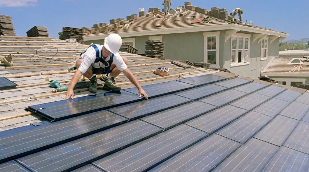 Roof replacement expert installing modern solar shingles on a residential home in Tallahassee, FL