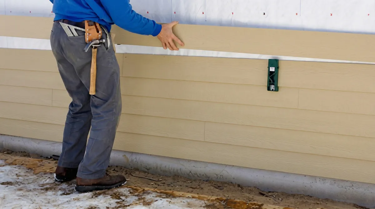 Siding replacement expert carefully aligning a new tan siding panel onto a residential exterior wall in Tallahassee, FL