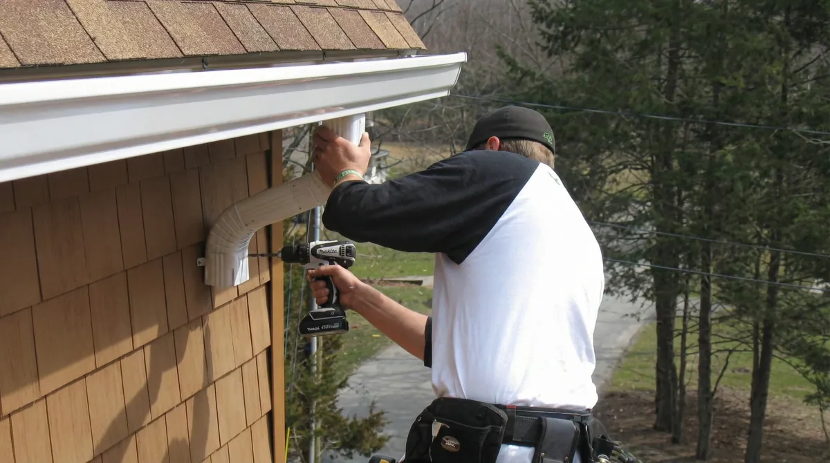 Professional contractor installing tan vinyl siding panels on a residential home exterior in Tallahassee, FL
