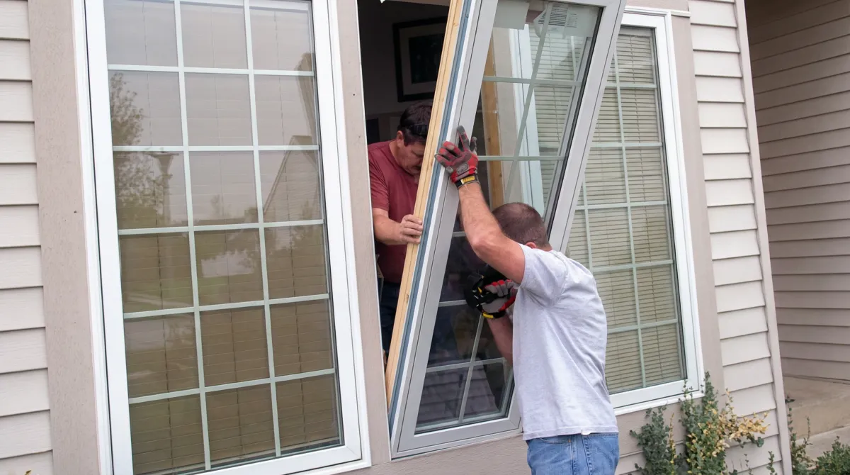 Professional home remodeling team installing a large replacement window on a house with tan siding in Tallahassee, FL